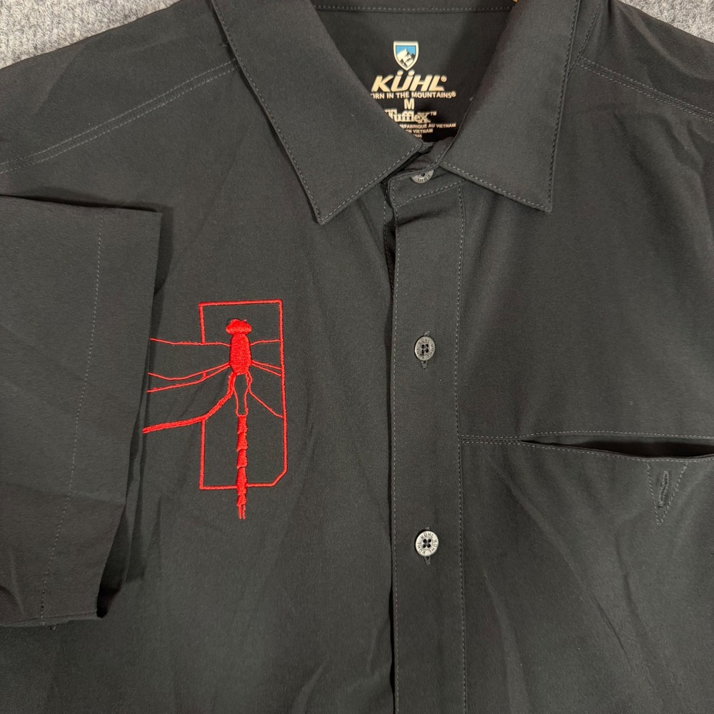 Kuhl Tufflex Dragonfly Embroidery Shirt Men M Black Short Sleeve Performance EUC